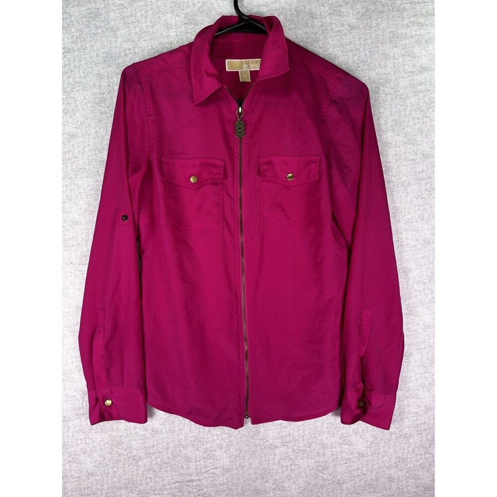 Michael Kors Pink Long Sleeves Top Blouse full Zip Dog Tag Hardware Size XS